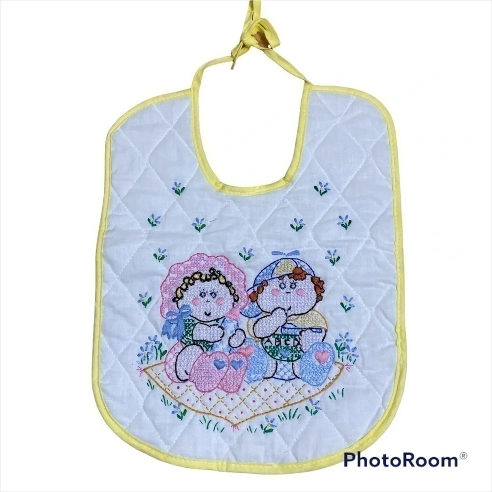 Vintage Cross Stitch Cabbage Patch Kids Baby Bib Yellow White Gender Neutral